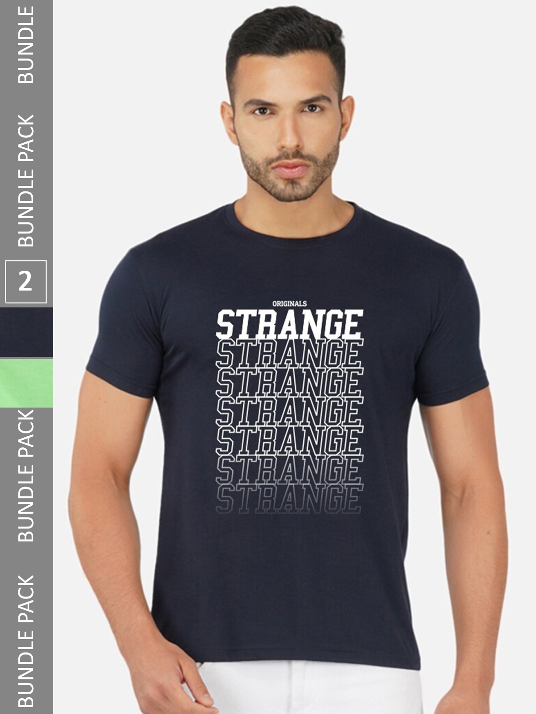 

CHOZI Pack Of 2 Typography Printed Round Neck Cotton T-shirt, Navy blue