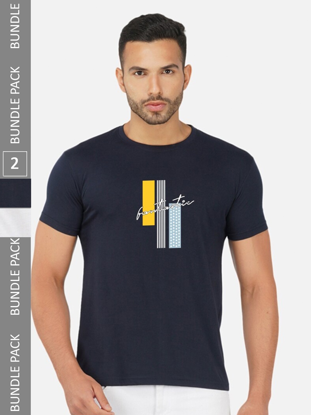 

CHOZI Pack Of 2 Typography Printed Cototn T-shirt, Navy blue