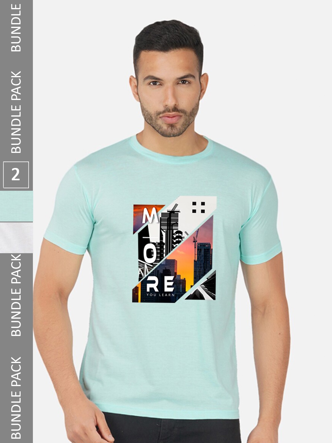 

CHOZI Pack Of 2 Graphic Printed Round Neck Cotton T-shirts, Turquoise blue