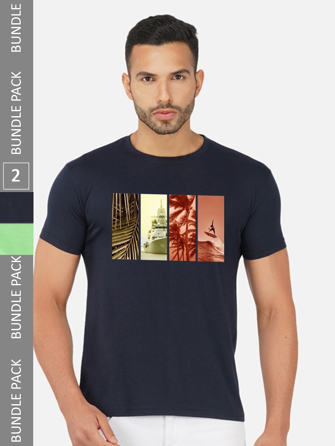 

CHOZI Pack Of 2 Graphic Printed Cototn T-shirts, Navy blue