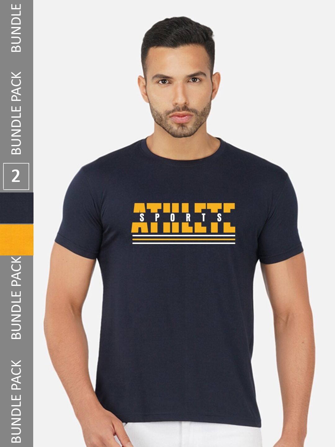 

CHOZI Men Pack Of 2 Printed Round Neck Cotton T-shirts, Navy blue