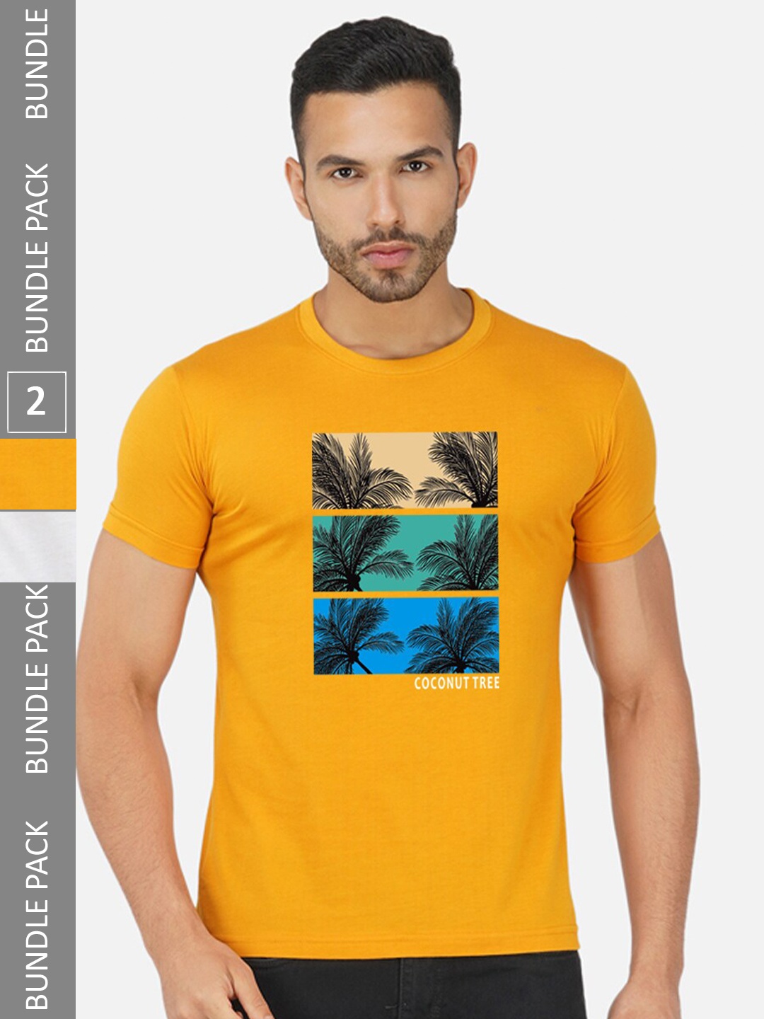 

CHOZI Pack Of 2 Typography Printed Round Neck Cotton T-shirts, Mustard