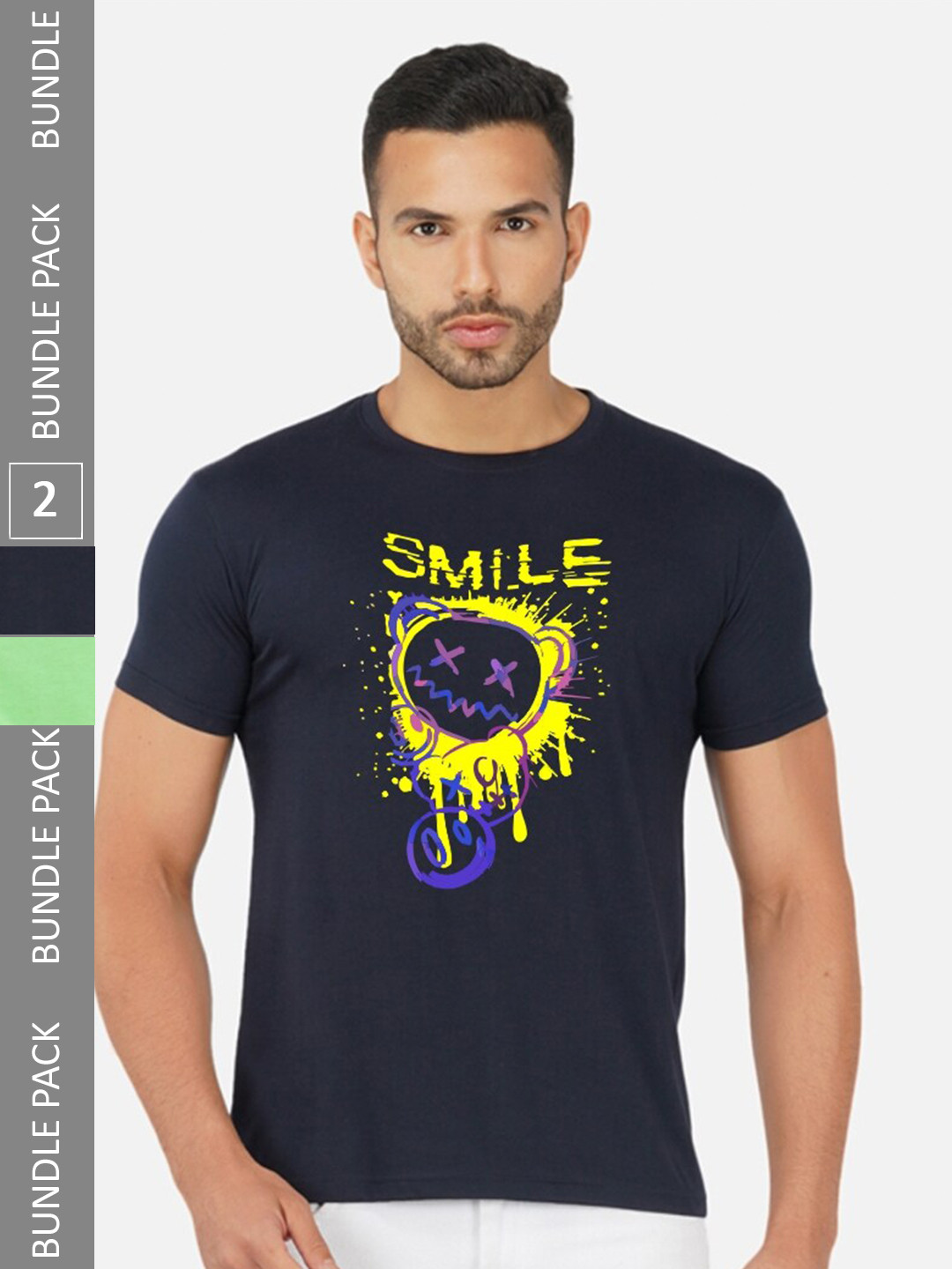 

CHOZI Pack Of 2 Graphic Printed Round Neck Cotton T-shirts, Navy blue