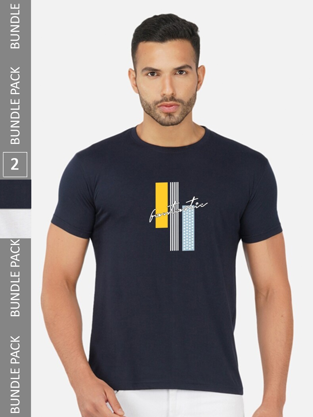 

CHOZI Pack Of 2 Typography Printed Cotton T-shirt, Navy blue