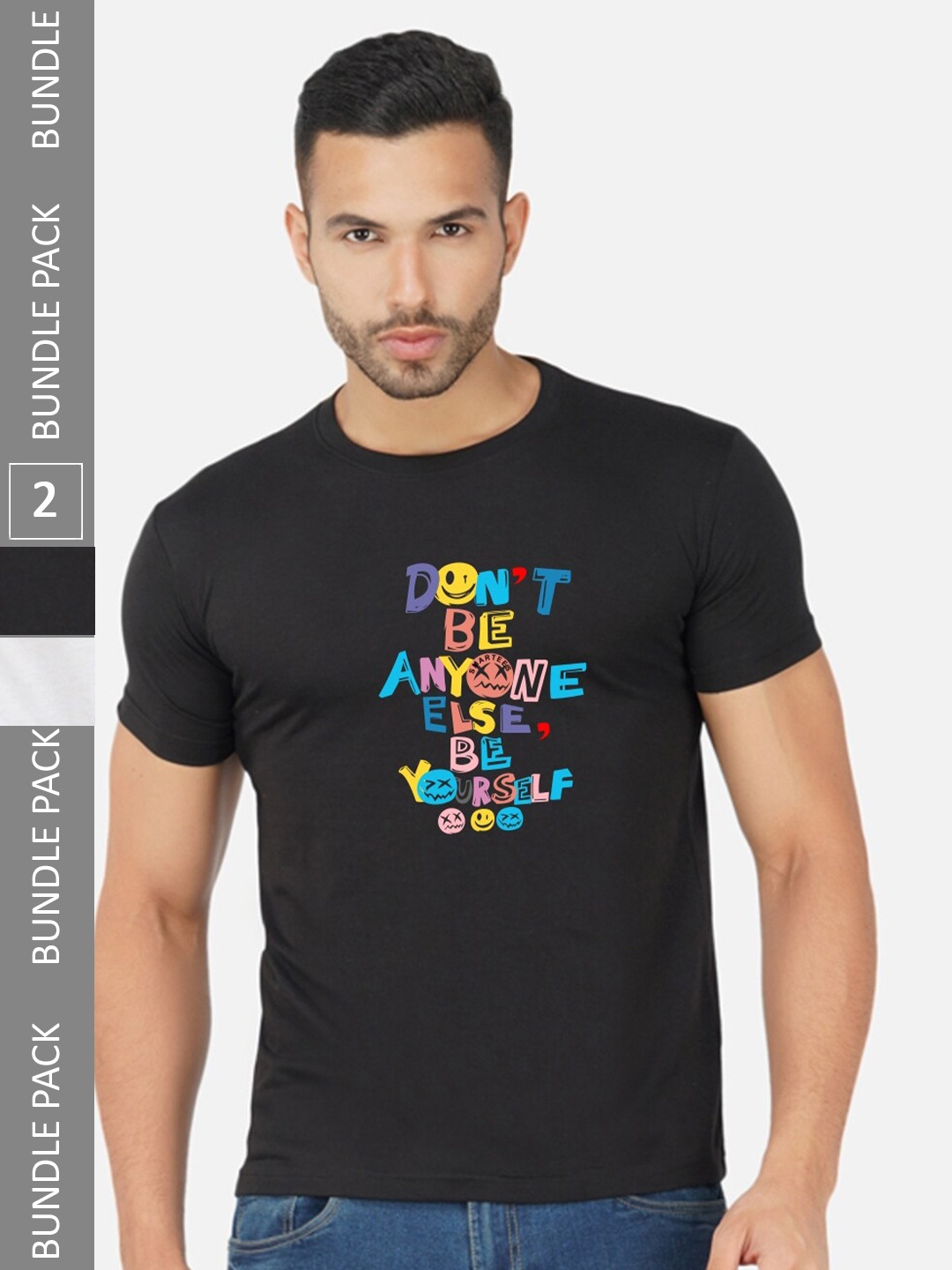 CHOZI Pack Of 2 Printed Round Neck Cotton T-shirts, Black