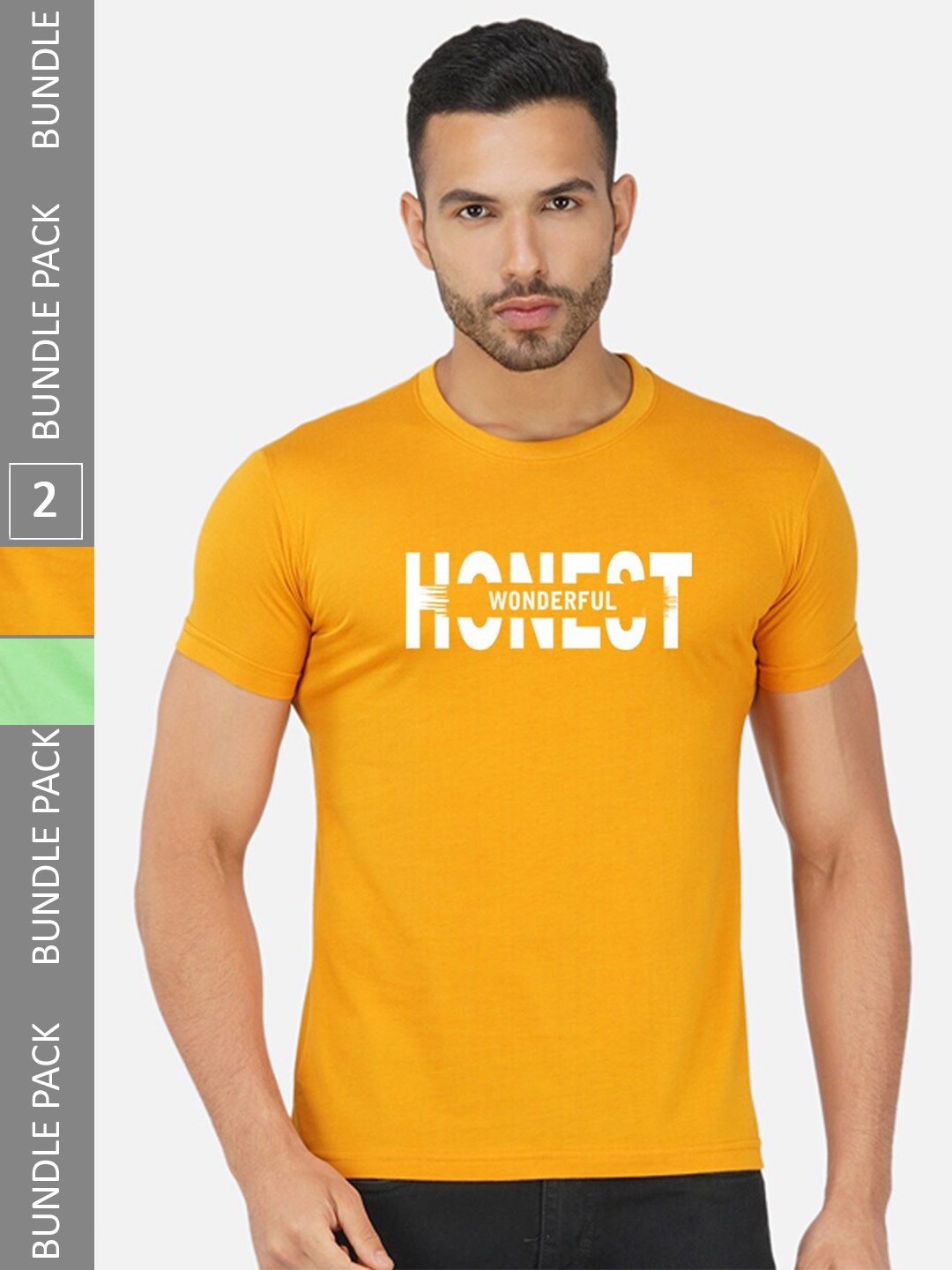 

CHOZI Pack Of 2 Typography Printed Cototn T-shirt, Mustard