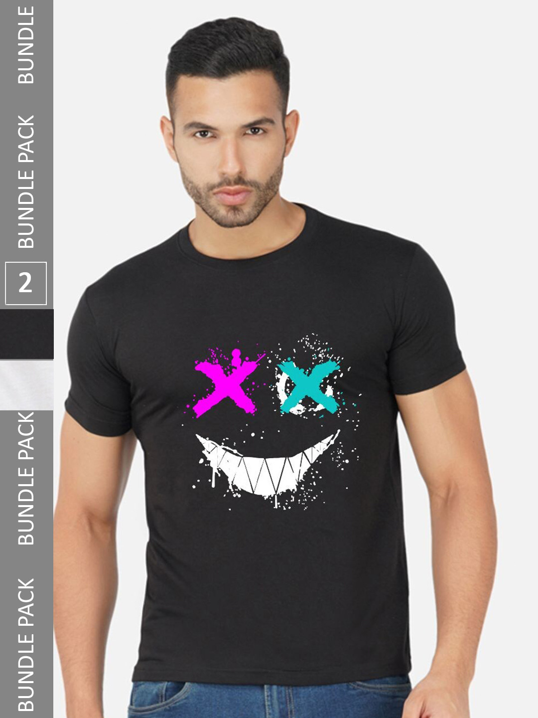 

CHOZI Pack Of 2 Graphic Printed Round Neck Cotton T-shirts, Black