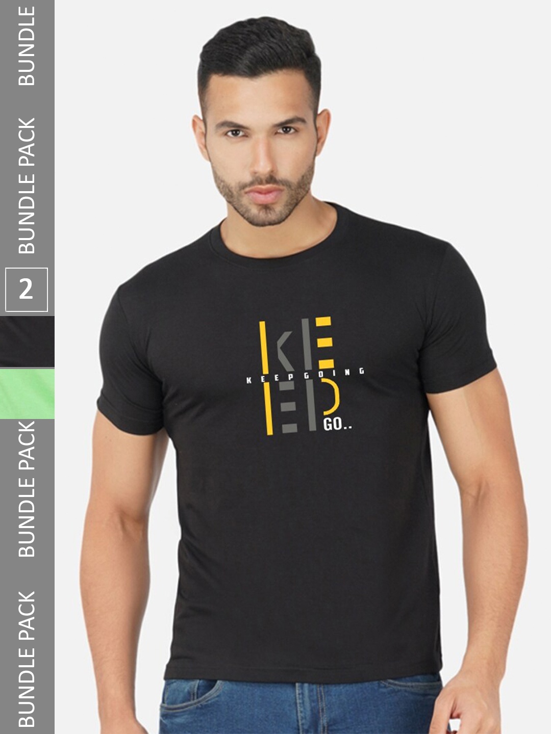 CHOZI Pack Of 2 Printed Round Neck Cotton T-shirts, Black