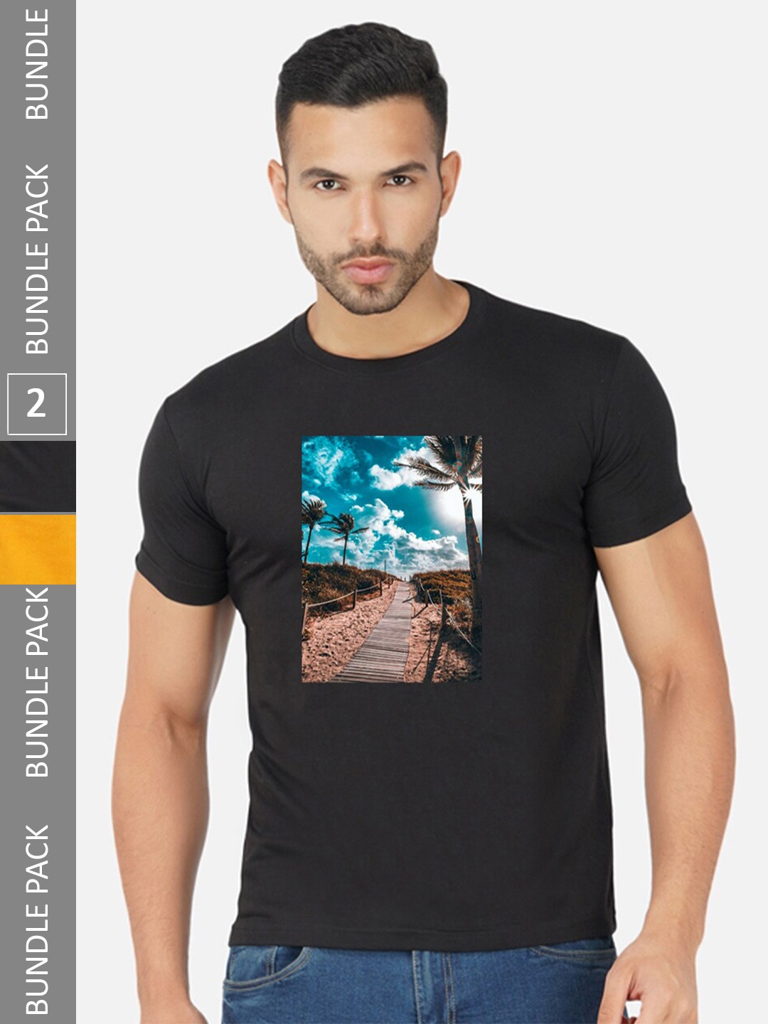 

CHOZI Pack Of 2 Printed Round Neck Cotton T-shirts, Black