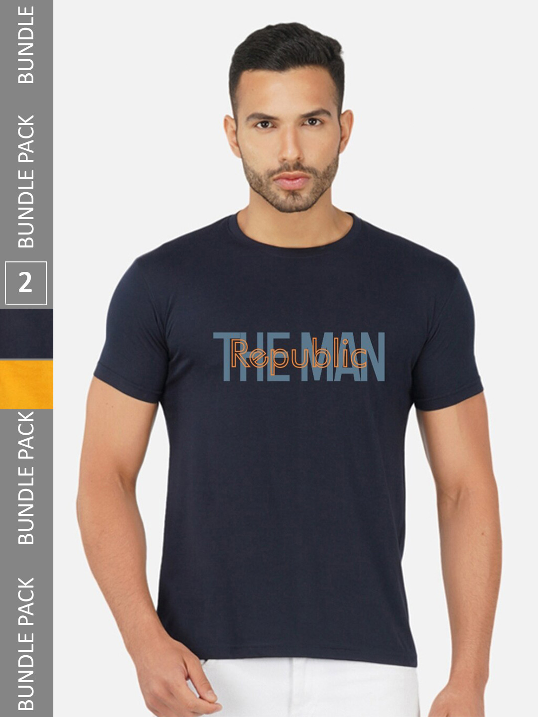 

CHOZI Pack Of 2 Typography Printed Round Neck Cotton T-shirts, Navy blue