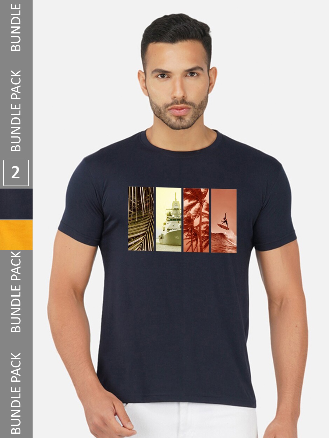 

CHOZI Pack Of 2 Graphic Printed Cotton T-shirt, Navy blue