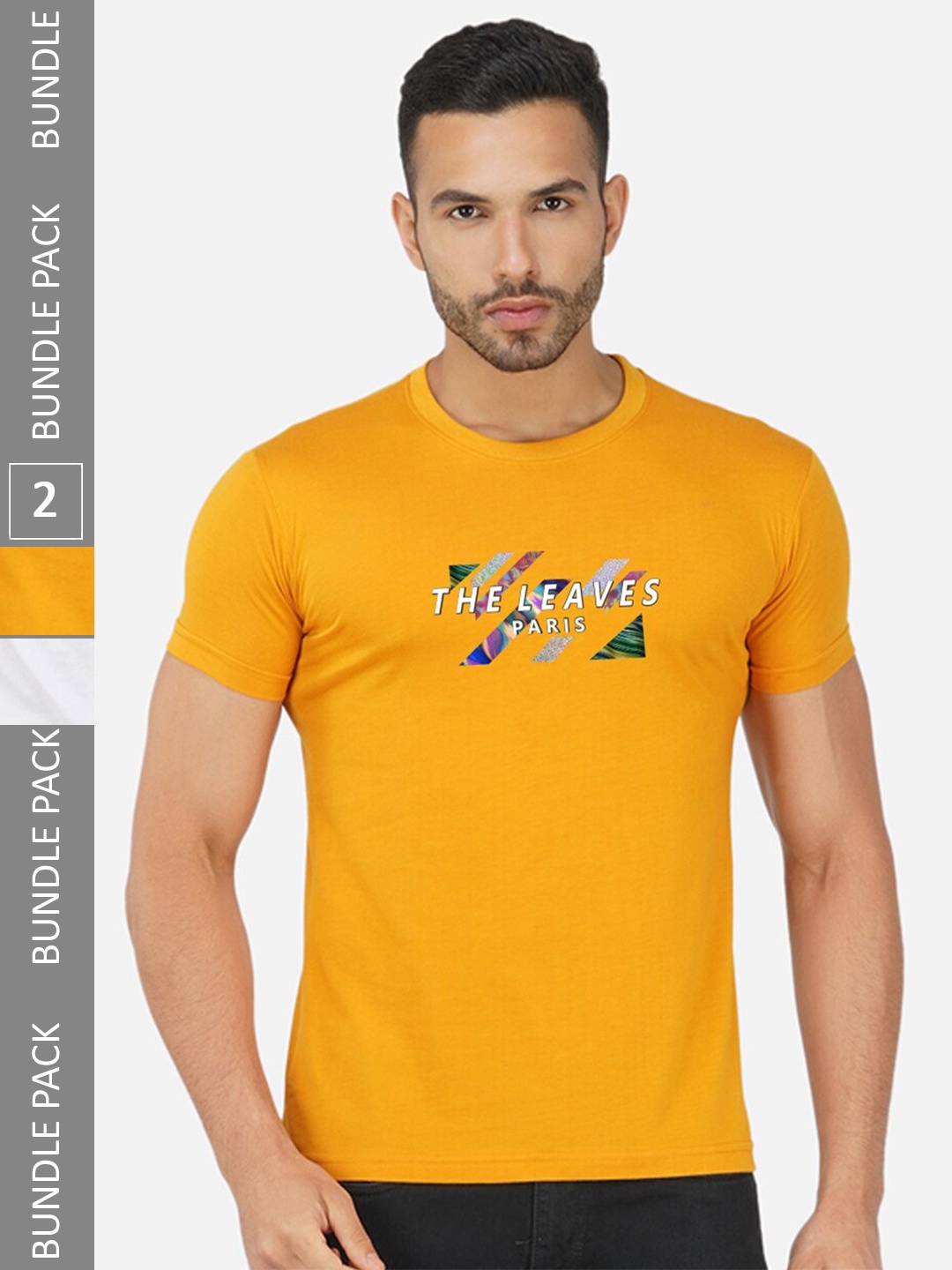 

CHOZI Men Pack Of 2 Printed Round Neck Cotton T-shirts, Mustard