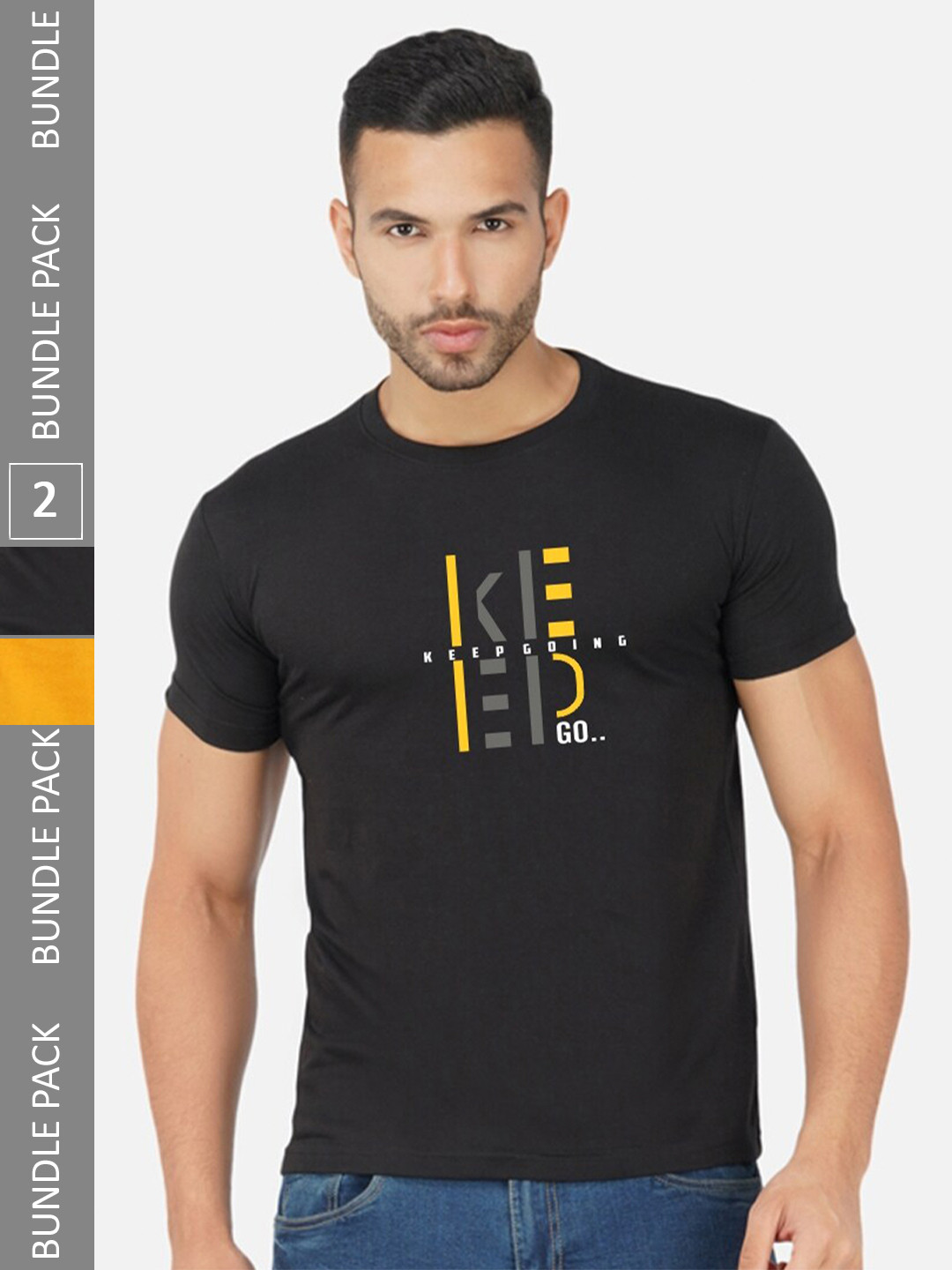 

CHOZI Pack Of 2 Typography Printed Round Neck Cotton T-shirts, Black