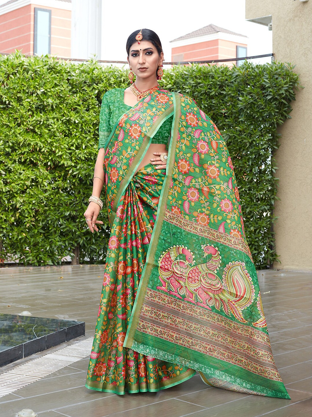 

Pisara Floral Printed Zari Silk Cotton Saree, Green