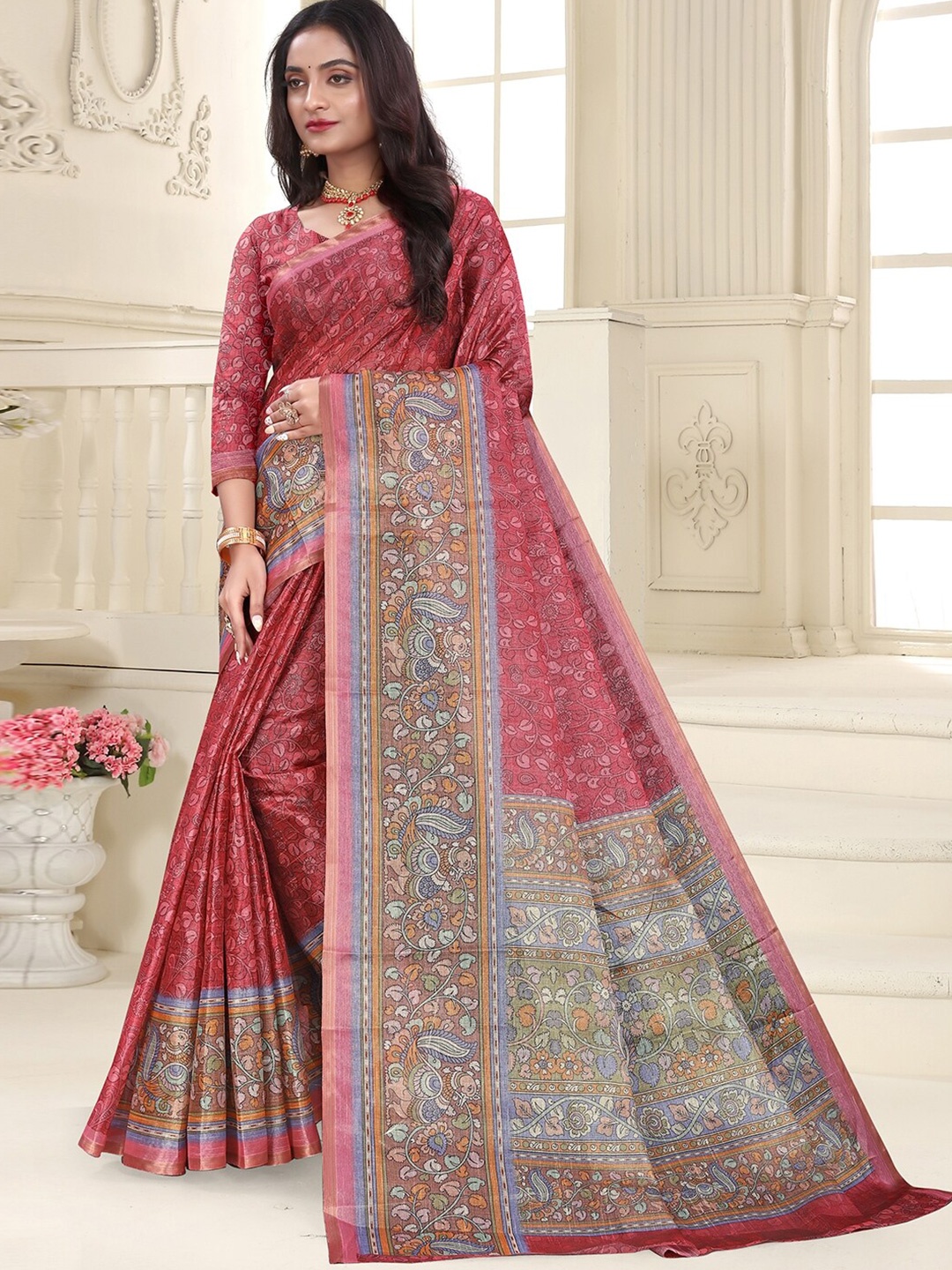 

Pisara Floral Printed Zari Silk Cotton Saree, Pink
