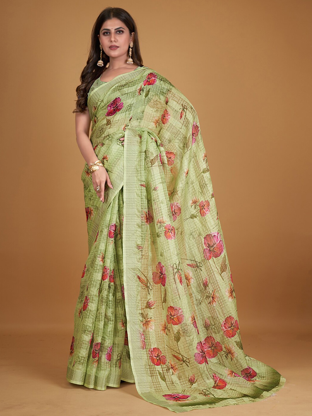 

Pisara Floral Printed Silk Cotton Saree, Lime green