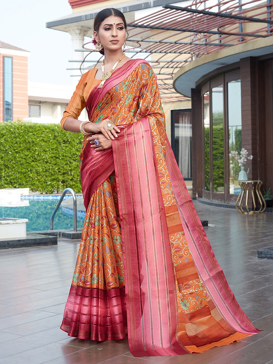 

Pisara Floral Printed Silk Cotton Saree, Orange