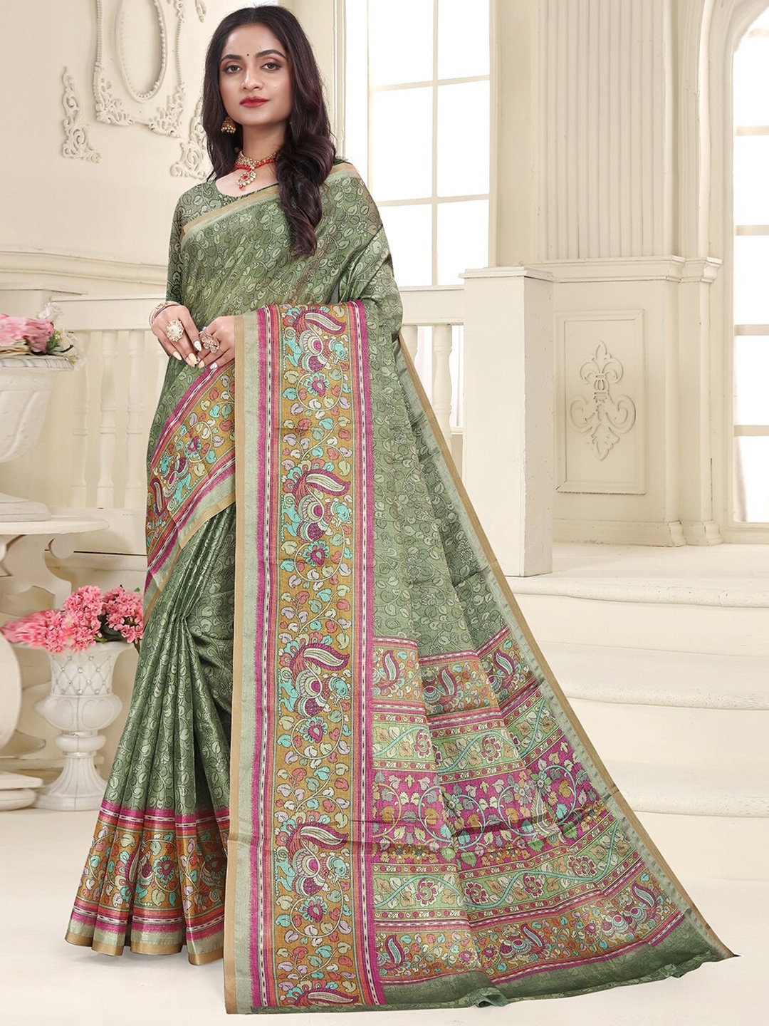 

Pisara Floral Printed Silk Cotton Saree, Olive