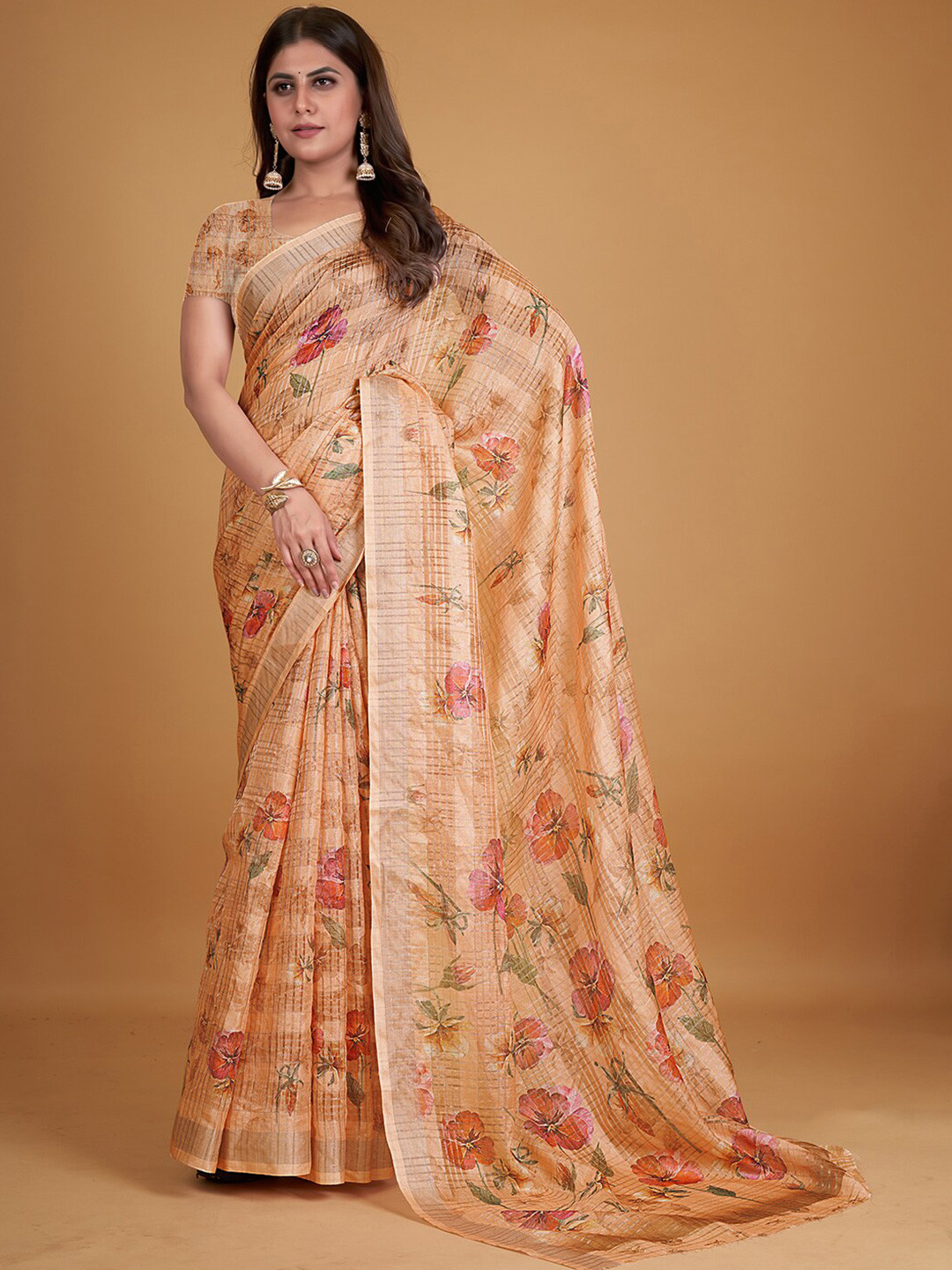 

Pisara Floral Printed Silk Cotton Saree, Peach