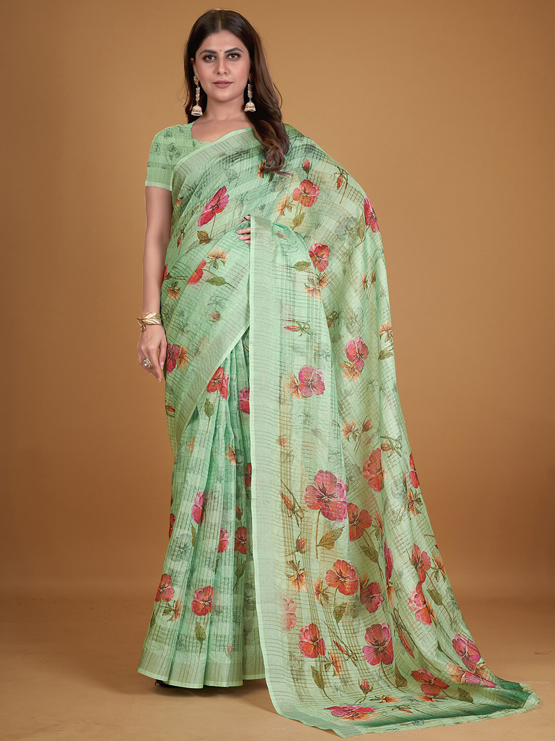 

Pisara Floral Printed Silk Cotton Saree, Sea green