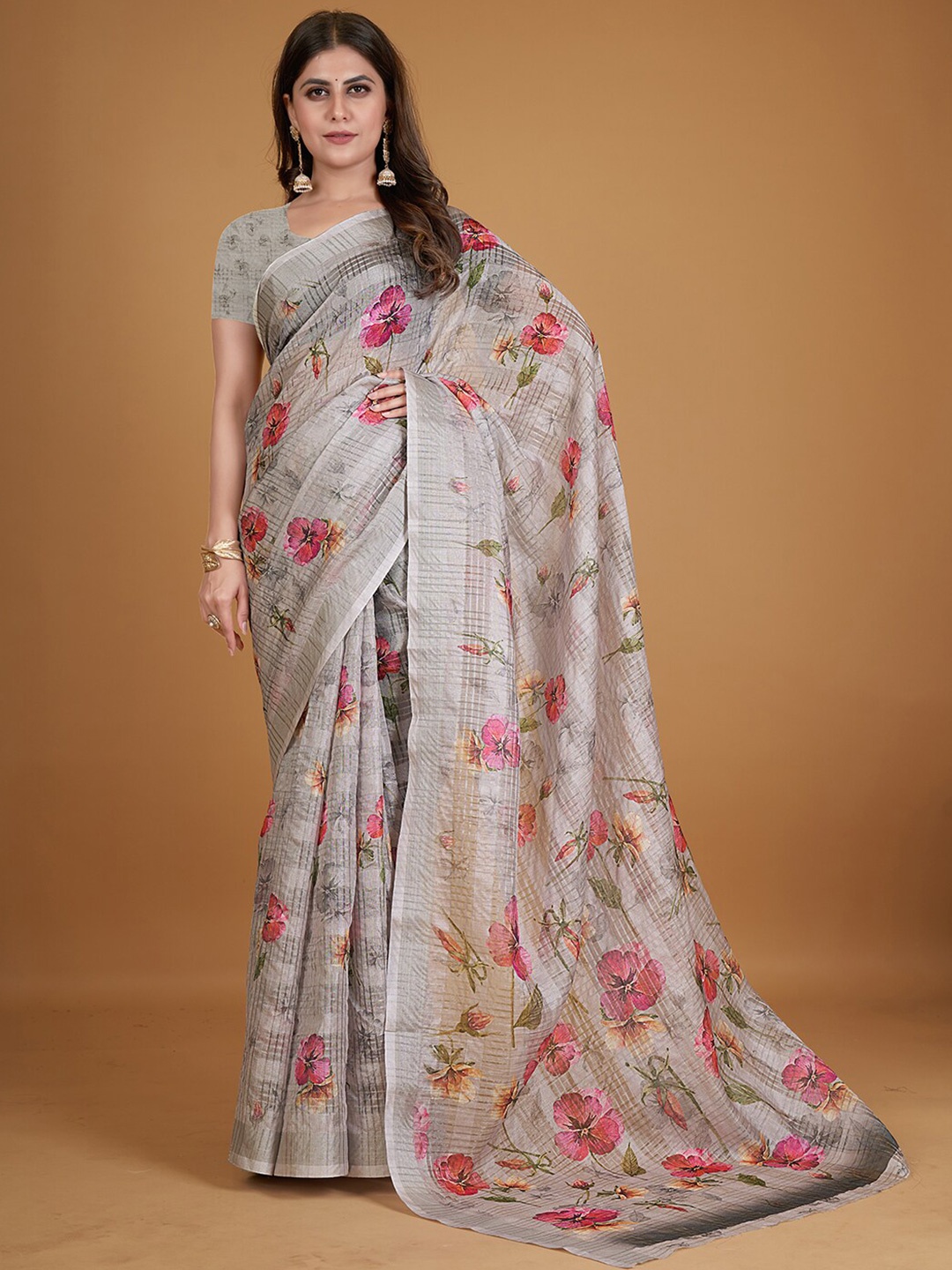 

Pisara Floral Printed Silk Cotton Saree, Grey