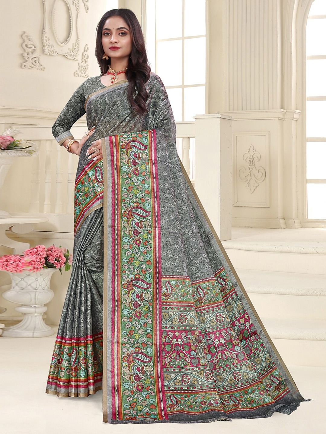

Pisara Floral Printed Silk Cotton Saree, Grey
