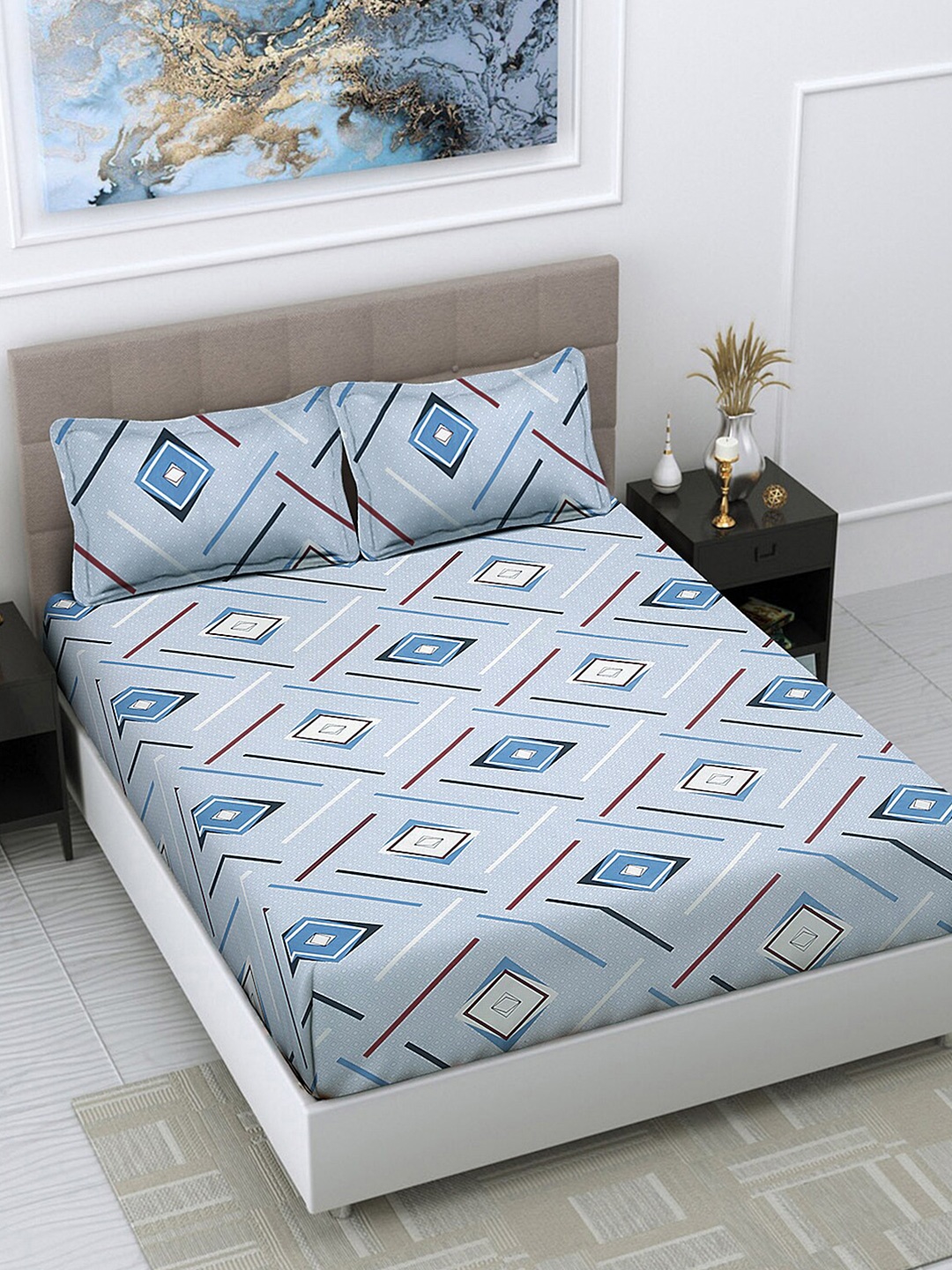 

FABINALIV Blue & White Geometric 300 TC Fitted King Bedsheet With 2 Pillow Covers