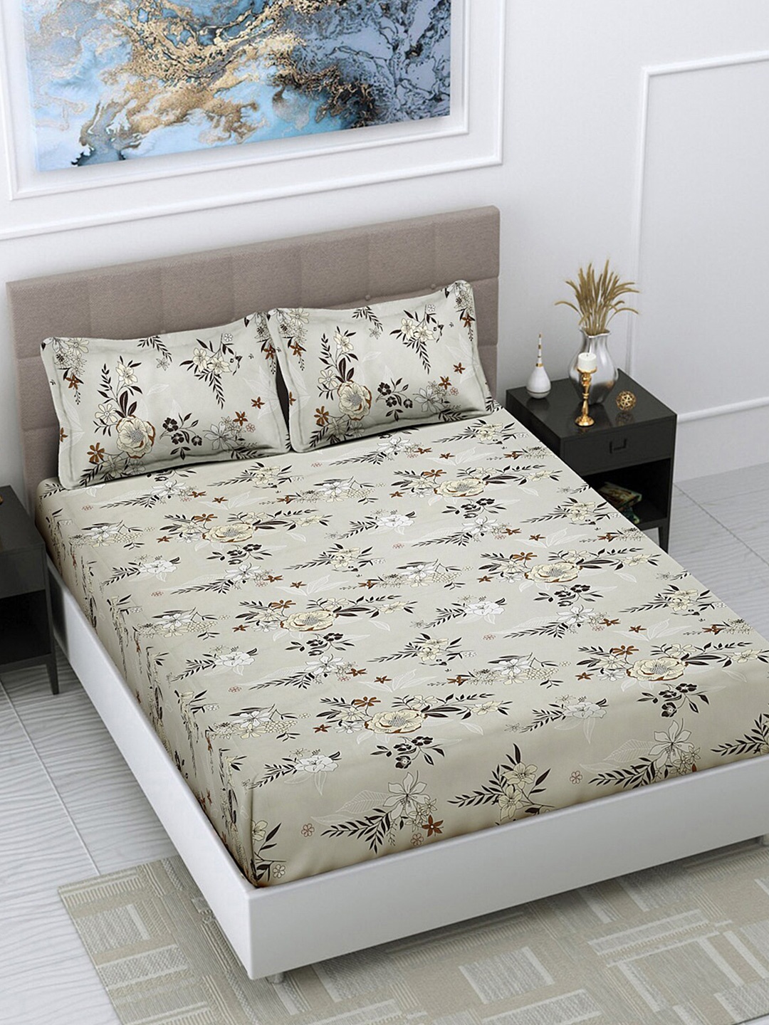 

FABINALIV Cream & Brown Floral Print 300 TC Fitted King Bedsheet & 2 Pillow Covers