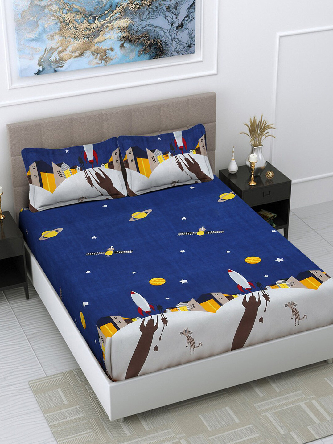 

FABINALIV Blue & White Cartoon Print 300 TC Fitted King Bedsheet & 2 Pillow Covers