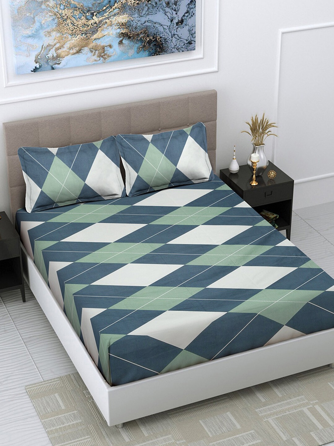 

FABINALIV Green & Blue Geometric Print 300 TC Fitted King Bedsheet & 2 Pillow Covers