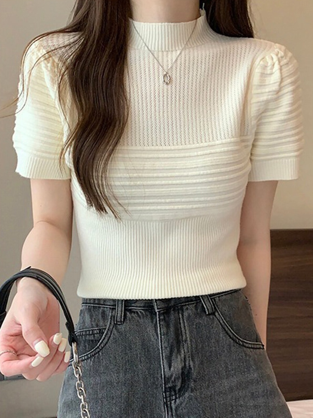 

LULU & SKY Self Design High Neck Short Sleeves Crop Top, Off white