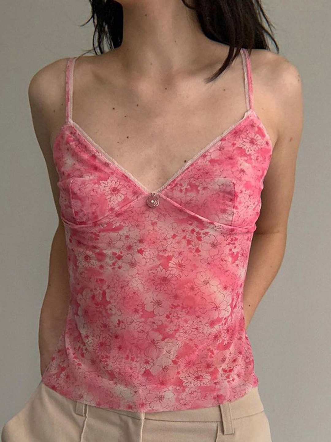 

LULU & SKY Floral Printed Shoulder Straps Regular Top, Pink
