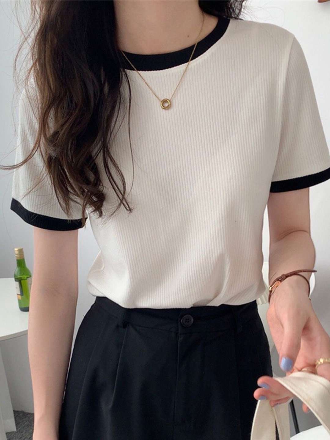 

LULU & SKY Self Design Round Neck Regular Top, White