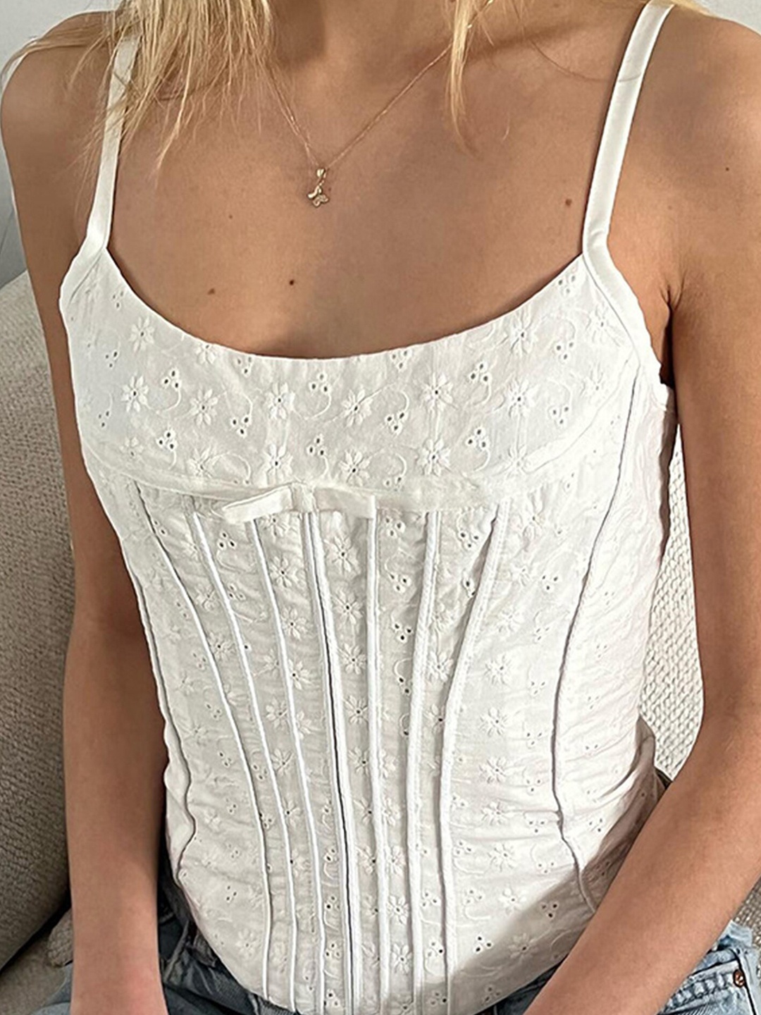 

LULU & SKY Self Design Schiffli Fitted Top, White