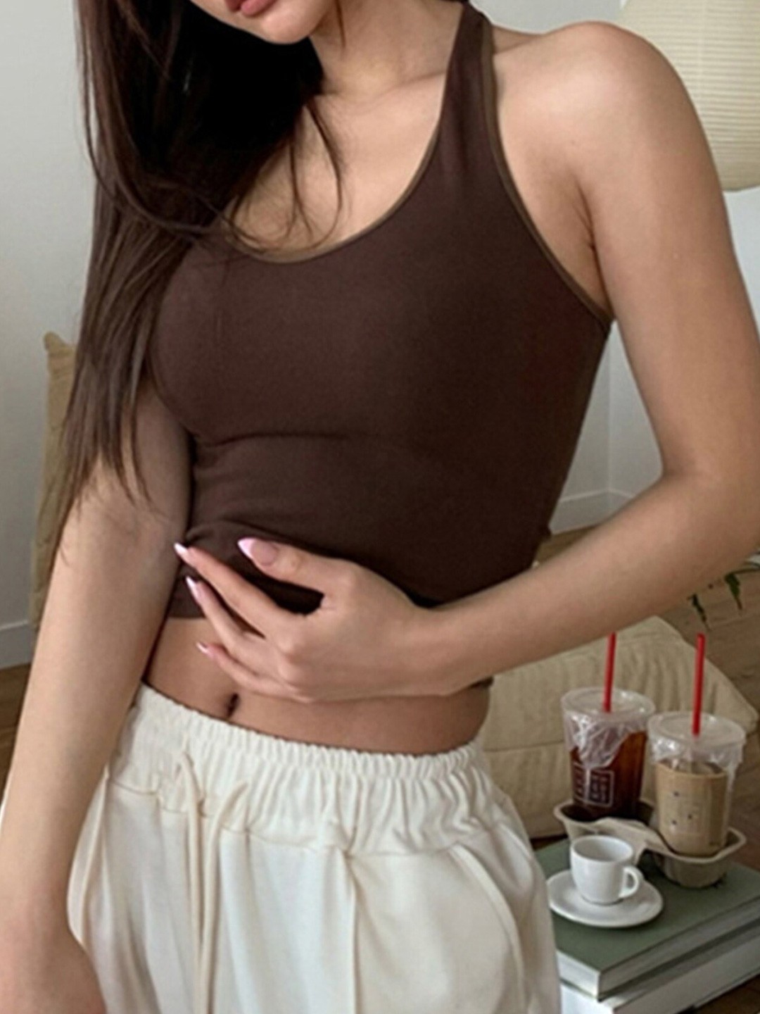 

LULU & SKY Halter Neck Crop Tank Top, Brown
