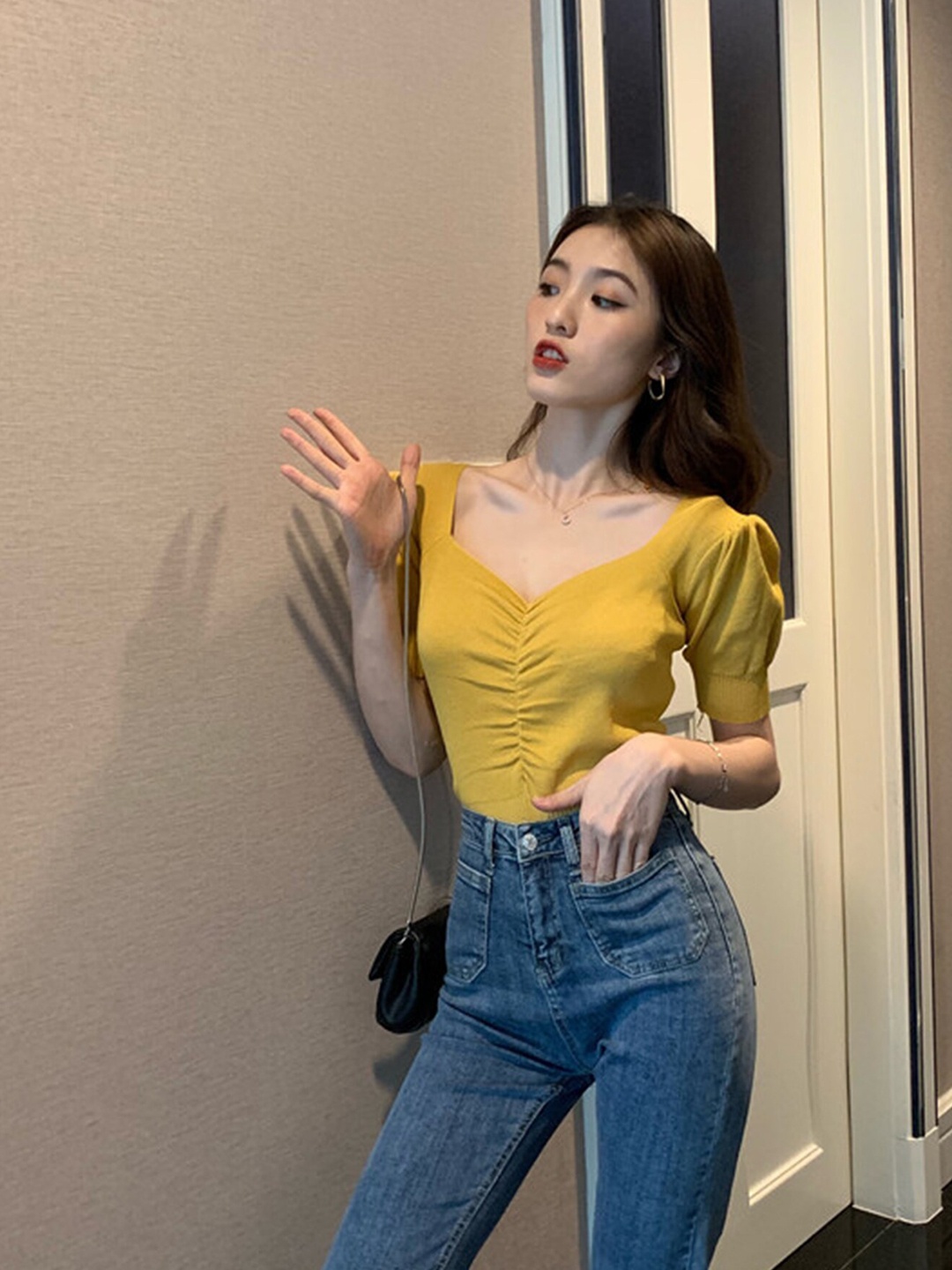 

LULU & SKY Sweetheart Neck Puff Sleeve Ruched Top, Yellow