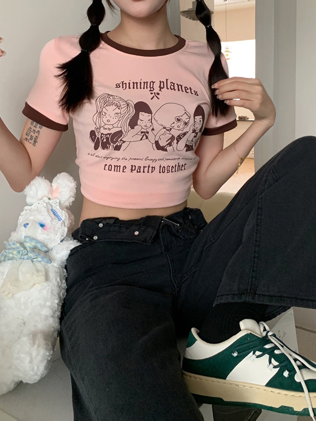 

LULU & SKY Graphic Printed Round Neck Crop T-shirt, Pink