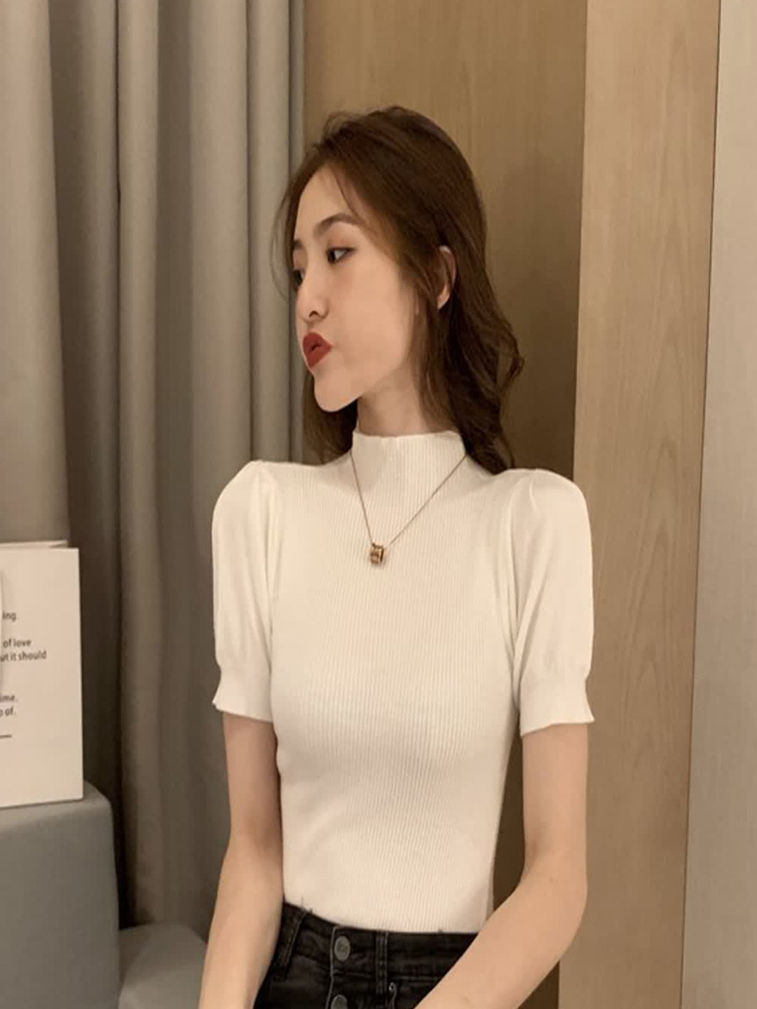 

LULU & SKY Ribbed High Neck Fitted Top, White