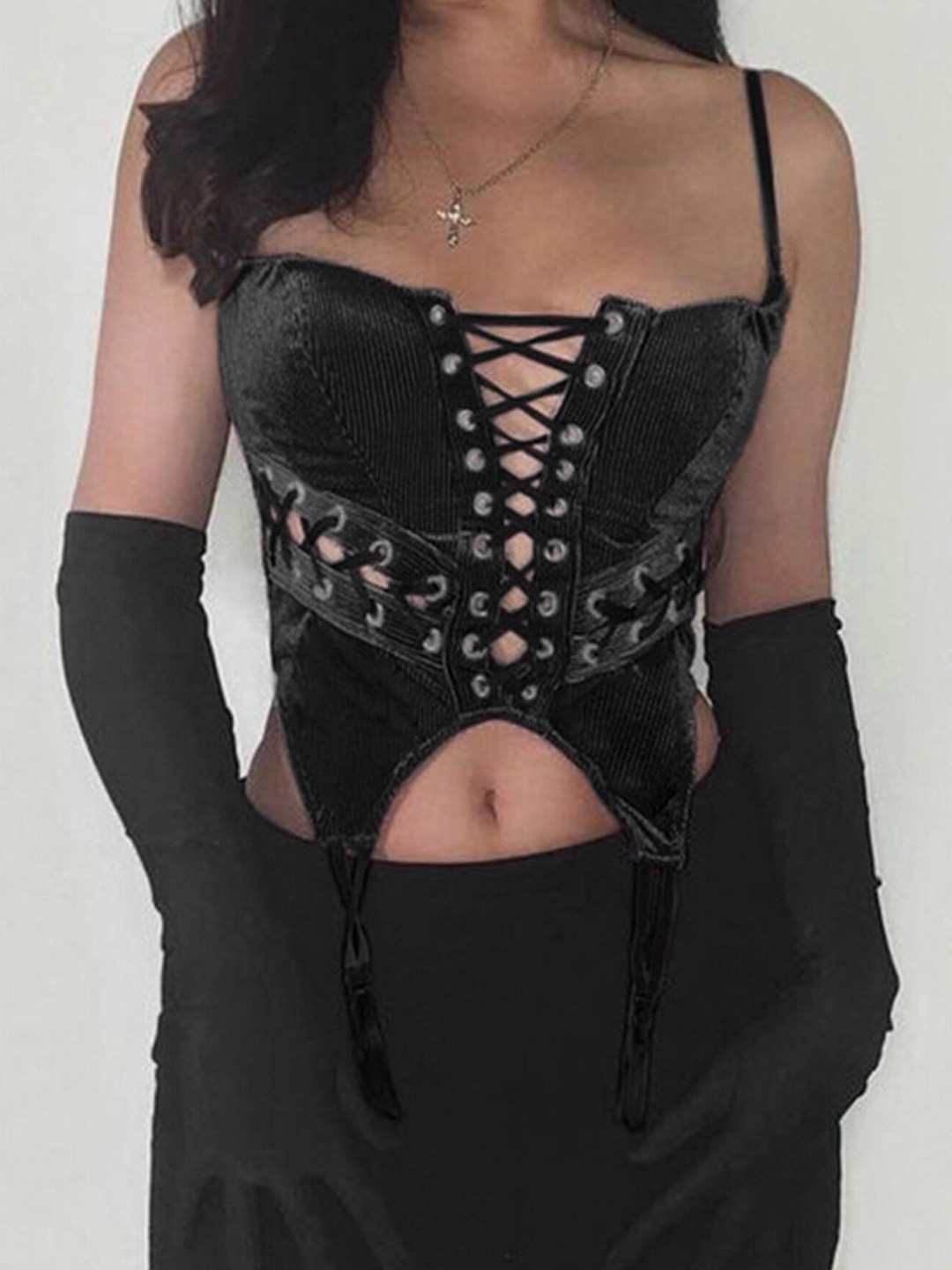 

LULU & SKY Lace Up Detail Corduroy Corset Crop Top, Black