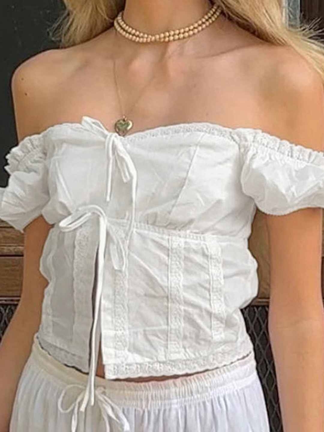 

LULU & SKY Off-Shoulder Puff Sleeves Tie-Ups Detail Crop Top, White