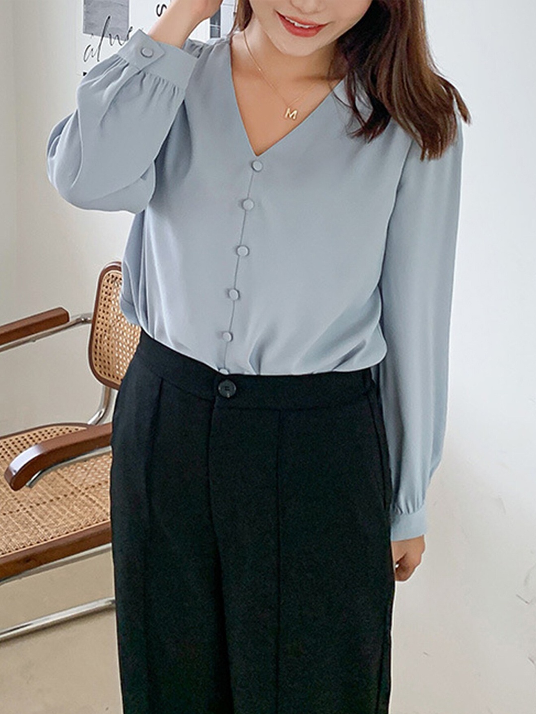 

LULU & SKY V-Neck Shirt Style Top, Blue