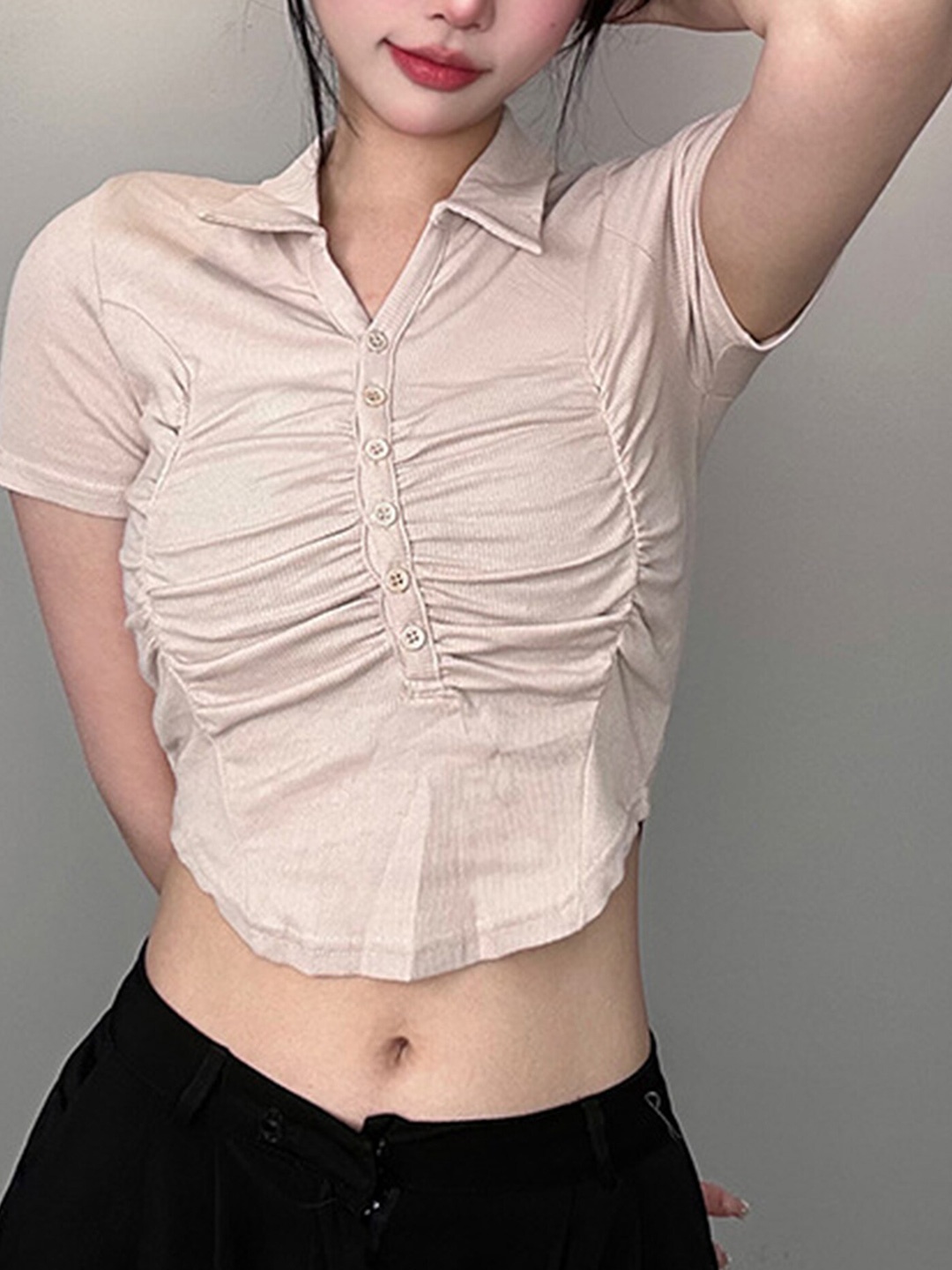 

LULU & SKY Pleated Shirt Style Crop Top, Beige