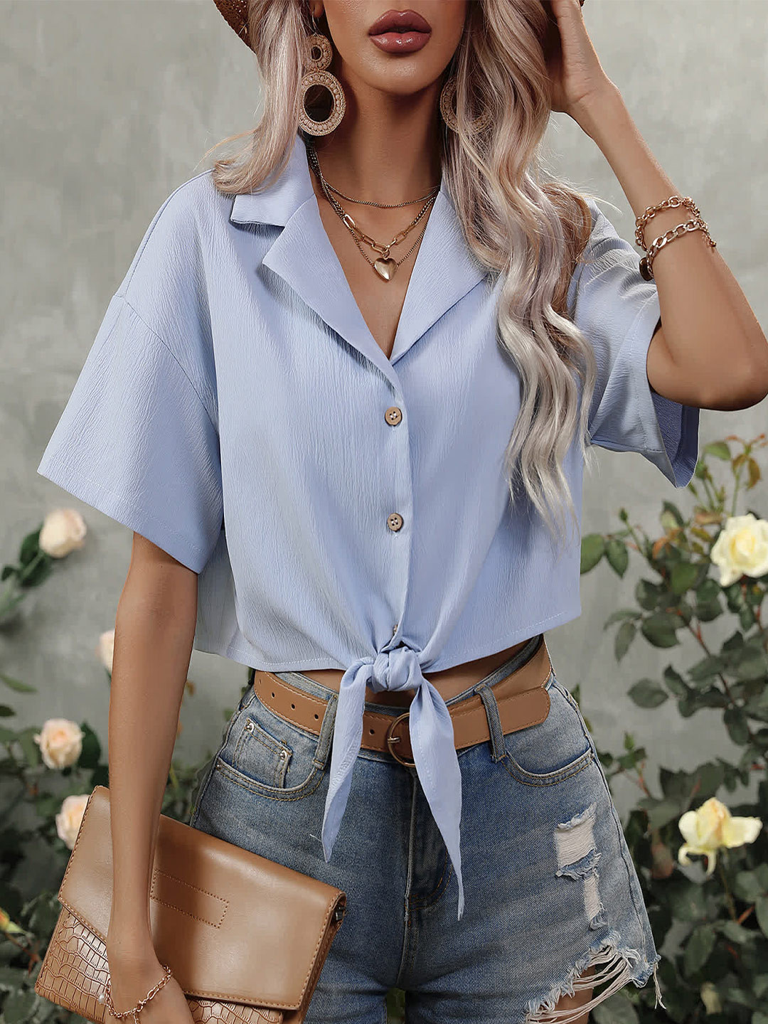 

LULU & SKY Notched Lapel Collar Drop Shoulder Sleeves Tie-Ups Shirt Style Crop Top, Lavender