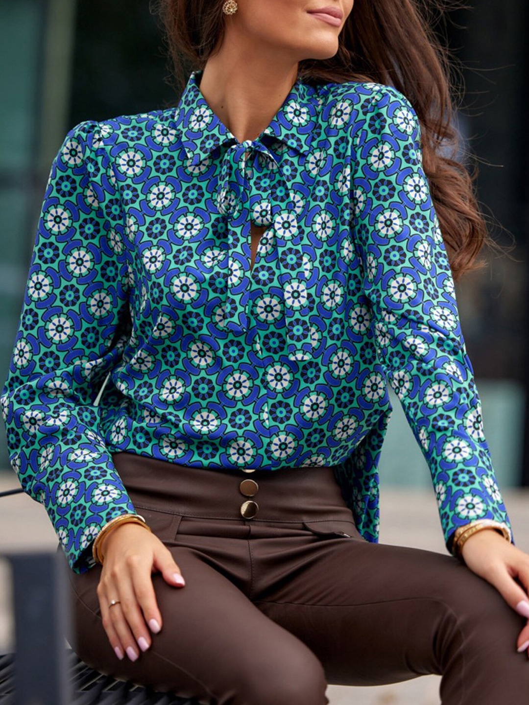 

LULU & SKY Floral Printed Shirt Collar Top, Blue