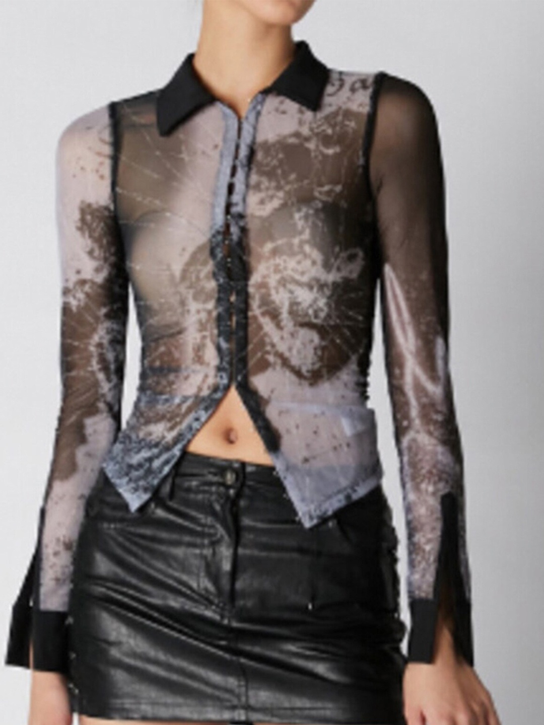 

LULU & SKY Abstract Printed Shirt Collar Cuffed Sleeves Shirt Style Top, Black
