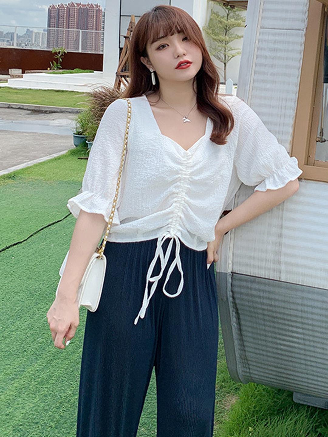 

LULU & SKY V-Neck Bell Sleeves Cotton Ruched Top, White