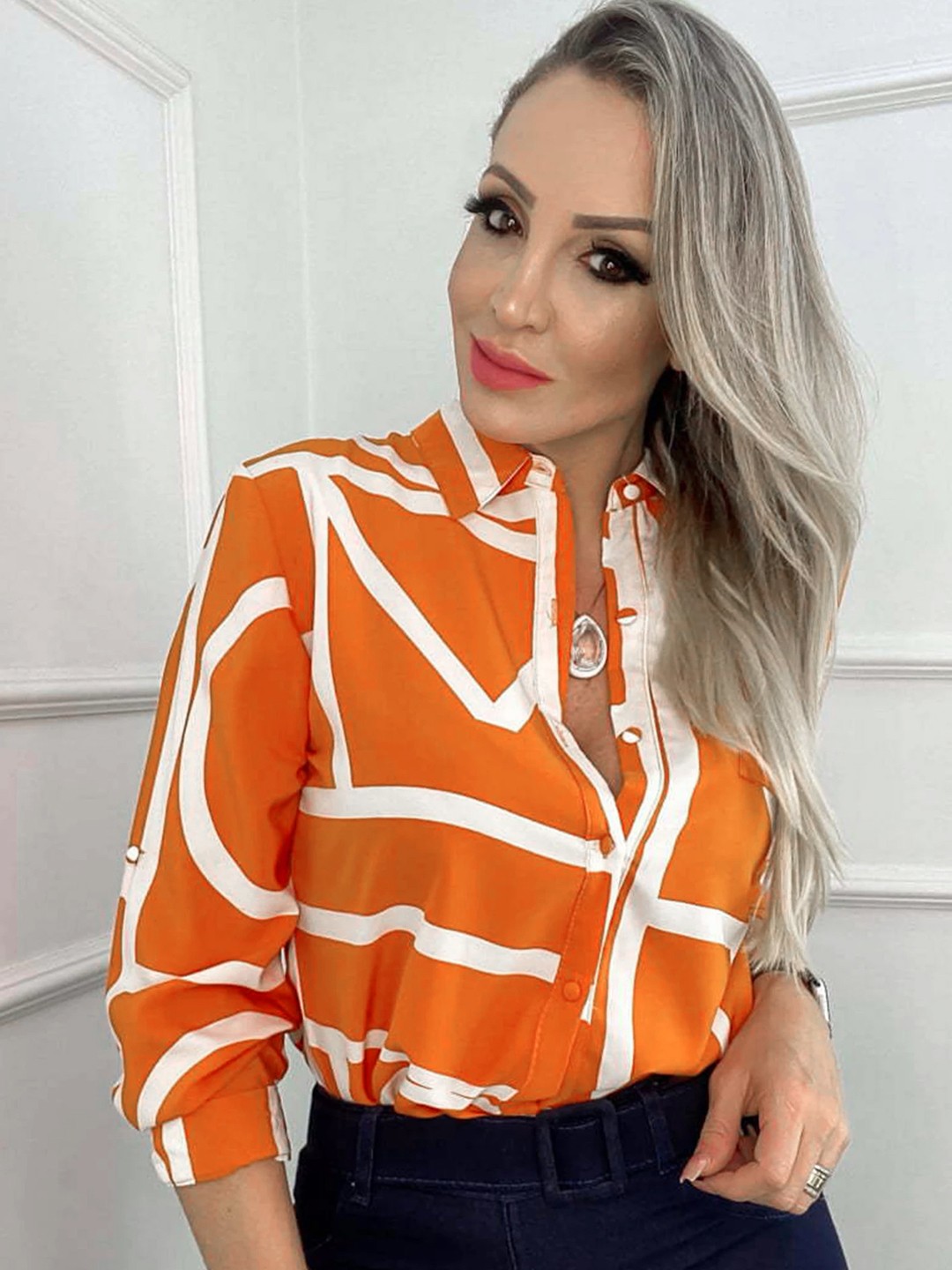

LULU & SKY Geometric Printed Casual Shirt, Orange
