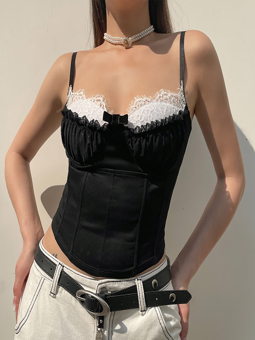 

LULU & SKY Lace Detailed Shoulder Straps Corset Style Top, Black