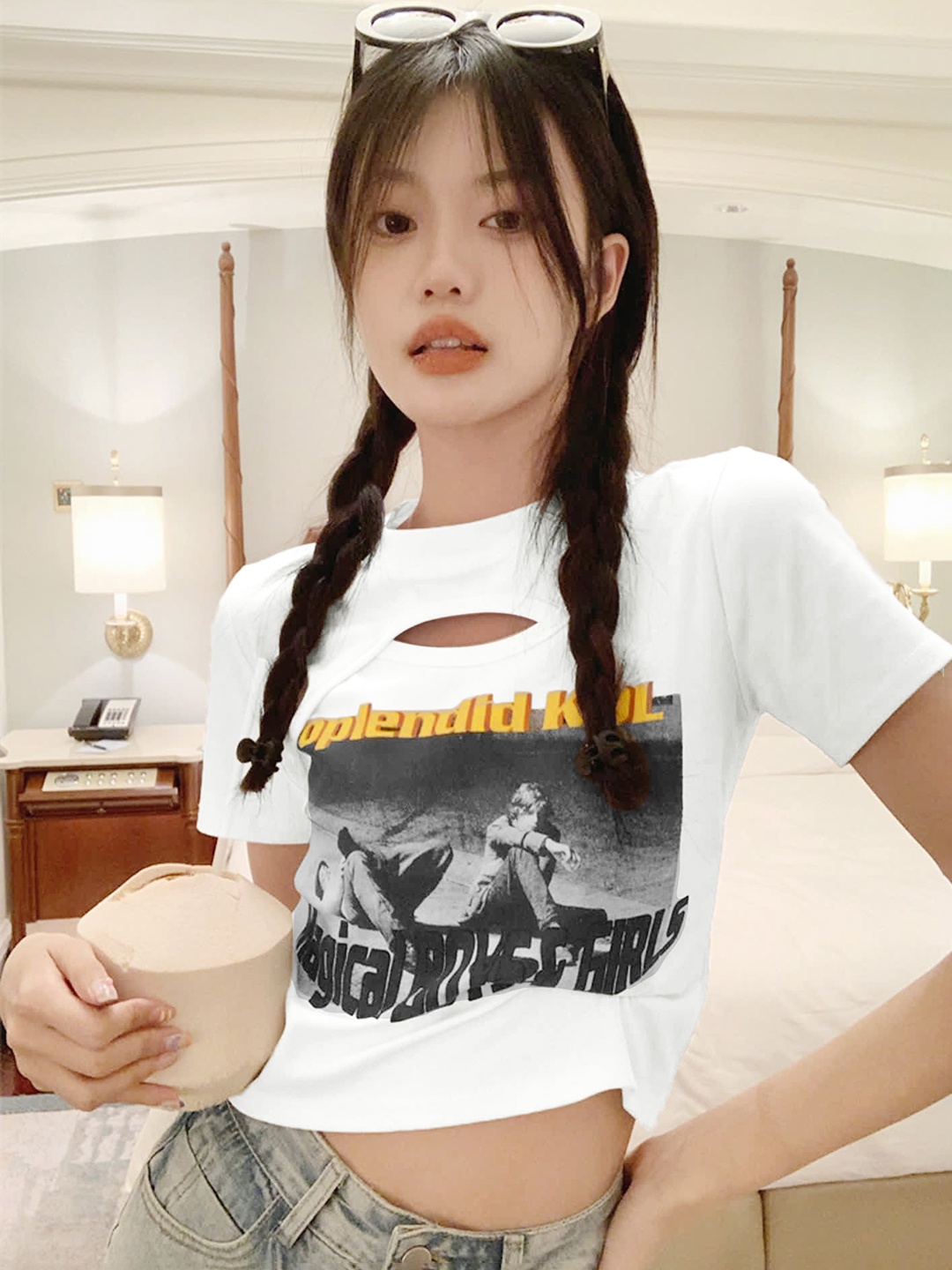 LULU & SKY Typography Printed Cut-Out Detailed Crop Top, Off white