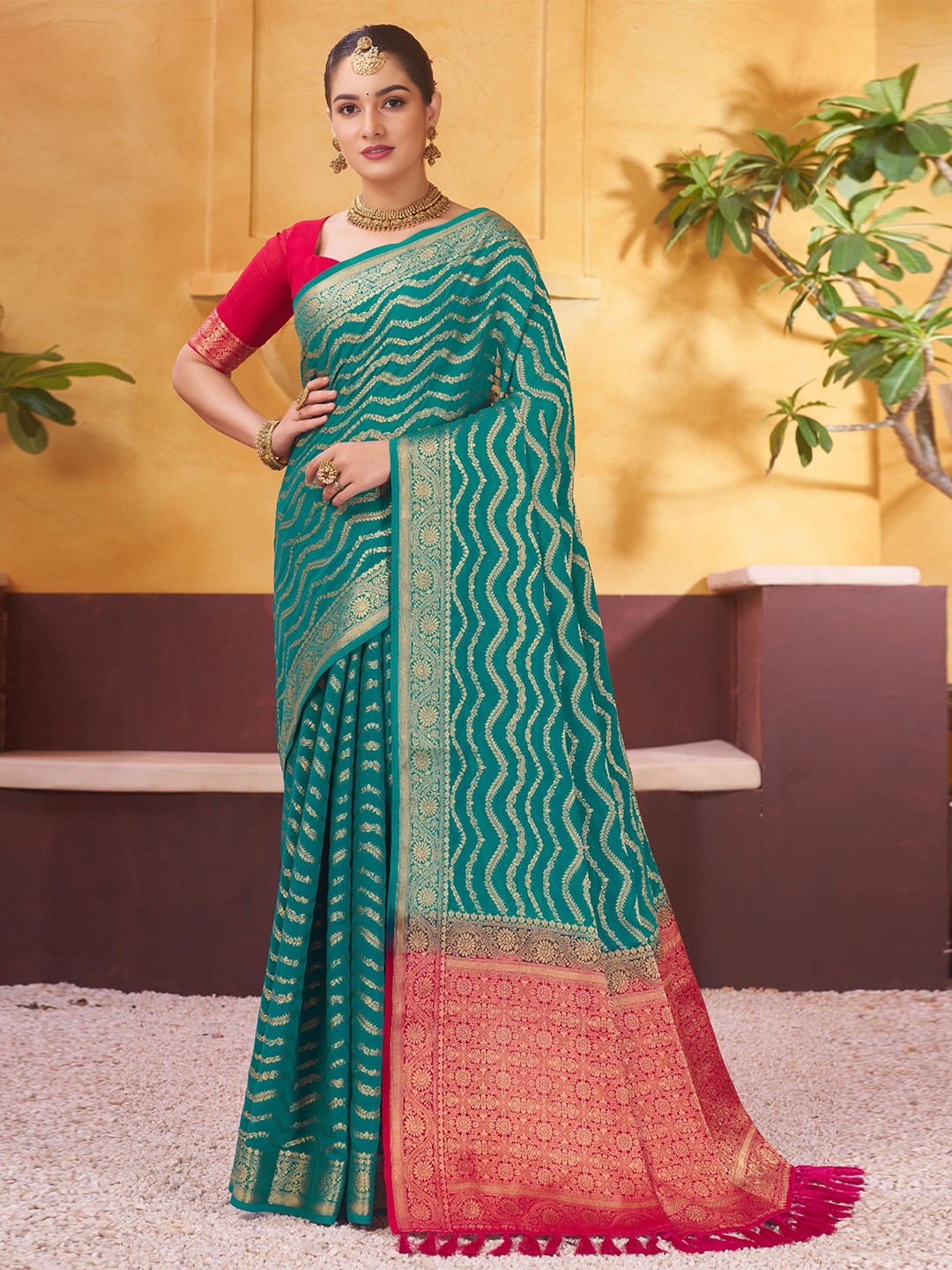 

V3 FASHION STUDIO Leheriya Woven Design Zari Pure Georgette Banarasi Saree, Green